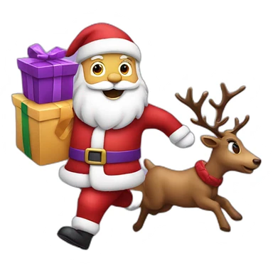 Santa Claus dressed in purple running with the reindeer to deliver the presents sticker