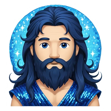 Boreas, God of North Wind from Gods and Goddesses with long black shaggy hair and beard, deep blue sequin outfit sticker