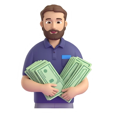 bearded brown-haired man in a polo shirt holding bundles of bills sticker