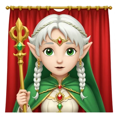 an elf with very white hair and two long pigtails on the side of her head, she has a curtain bang, green eyes, she has a white cape with golden borders and a scepter with a red orb, she has earrings that look like red drops sticker