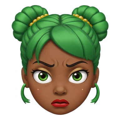 Create a 3D cartoon-style girl character with dark skin, round face, angry expression, big wide eyes, and tightly styled double buns made of green beaded hair. The girl should look irritated, eyebrows sharply angled, and lips pressed in a frown. sticker
