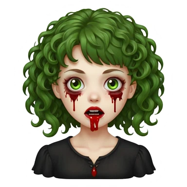 Green zombie emoji girl with curly Brown hair, with curly bangs, wearing a black bluse, blood Just in the tongue  sticker