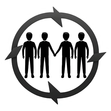 Minimalistic flat vector icon, iOS style, thin black contour on white background. Three people silhouettes connected by circular arrows, symbolizing Scrum teamwork. Clean, no text, no shadows sticker