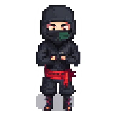 pixel art ninja character, simple and bold, black outfit, mask, dynamic pose sticker