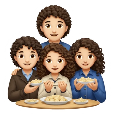 Can you create an emoji of three 23 year olds eating dumplings. One boy with wavy curly hair and one Jewish girl with long dark brown curly hair and one half Indian / half white girl with mid length dark brown hair. All brown eyes sticker