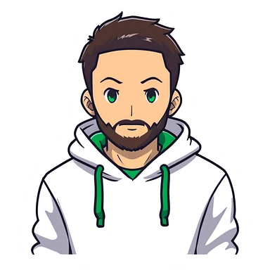anime style man with short full beard, dark brown undercut hairstyle, white hoodie, and green eyes sticker