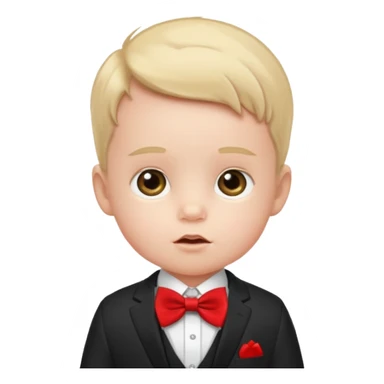 baby boy in suit, with red bow sticker