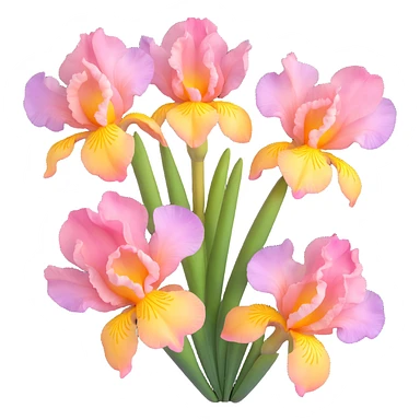 iris flowers with delicate pink petals and yellow accents, high gloss, soft shadows, realistic and vibrant, iOS 3D emoji style sticker