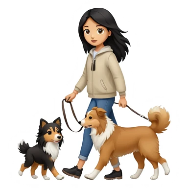 A girl with long black hair walking with a light brown collie sticker