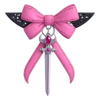 3D emoji style pink bow with gothic effect, black lace trim, silver dagger charm, and deep pink gemstone sticker