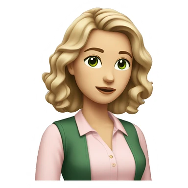 A young women with shoulder length slightly wavy dark blonde hair, dark green eyes wearing a light pink blouse, looking off to the side sticker