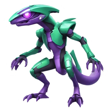 a shiny purple-green Genesect-Raptor-Fakémon—hybrid with a futuristic visor-helmet full body sticker