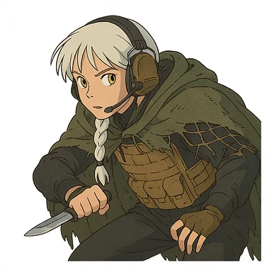 1 female, mid 20's, white hair in a long braid, gold yellow eyes, adorned in a black long sleeve shirt, tan body armor and a worn olive-green cloak with netting holding it together. She wears a COMTAC headset. she is hunched slightly, stealthily, focused on her target, holding a small combat blade at the ready sticker