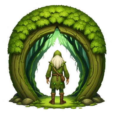 full body moss druid man, from behind walking into glowing forest portal sticker