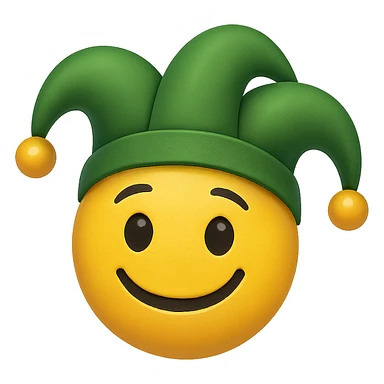 yellow face with green jester hat, digital illustration, emoji style, no background sticker