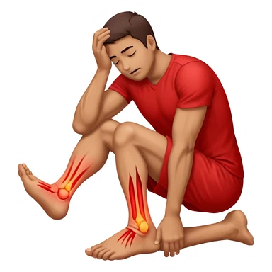 Man holding his foot in pain, muscle cramp in feet, red pain highlight on foot, simple medical emoji style, clean background sticker