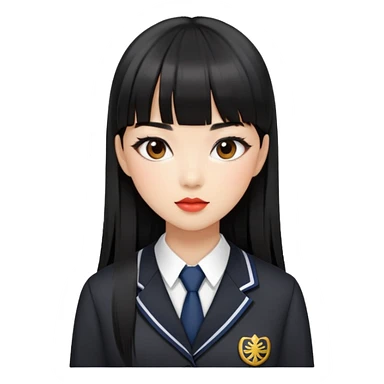 chic woman with Asian skin, black long straight bangs, wearing a school uniform, and makeup sticker