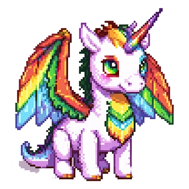 dragon with big eyes, large rainbow wings, and a unicorn horn sticker