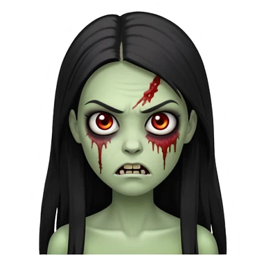 девушка зомби с темными длинными прямыми волосами, с черными макияжем глаз, тонкими бровями, со злым выражением лица в стиле Apple avatar sticker