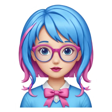 candy girl with very long blue-pink mixed candy hair with ribbon and no tattooes, with glassess sticker