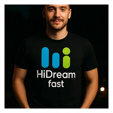 man wearing tshirt with this logo, dark night background with dim , add fast below logo, make man fit into image sticker