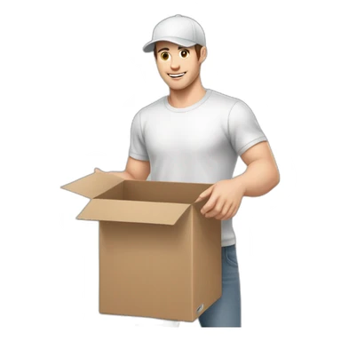 Pale skinned fit Man with dark brown hair in a white cap, gray jeans and gray polo T-shirt keeping a pasted box into his hands sticker