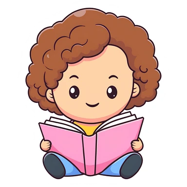 girly character with brown soft curly hair reading a pink book sticker