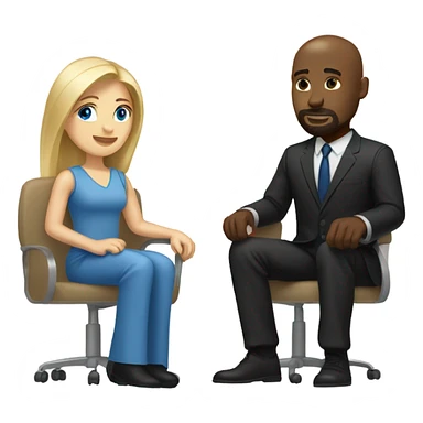 Blonde woman with blue eyes and long straight hair and black man who is bald with a goatee seated together with their legs touching. sticker