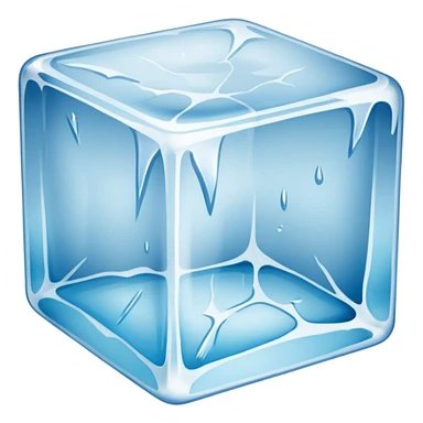 A single transparent ice cube on a clean white background, with realistic reflections and refractions. The ice cube has visible cracks and textures inside, slightly melting on the surface. Studio lighting, high detail, macro photography style. sticker