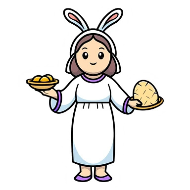 Feminine spring goddess Eostre with halo, Easter bunny, and Passover matzo symbols combined in one harmonious design sticker