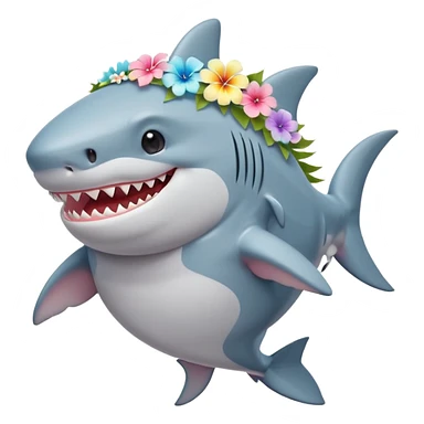 A cute chubby shark with hawaii pastel flower necklace and hawaiian flower crown, posing proudly. sticker