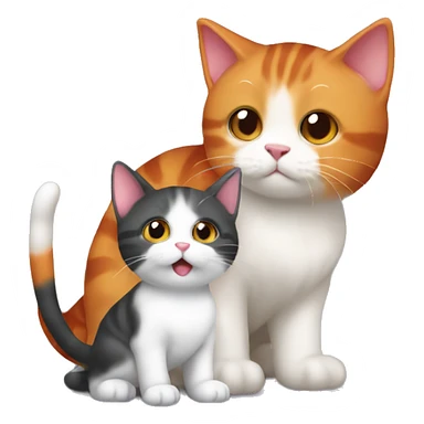 A small tricolour cat playing with a big red cat sticker