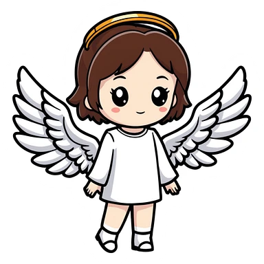 gothic girl with fair skin and short brown hair, angel wings and a halo, cute cartoon sticker style sticker