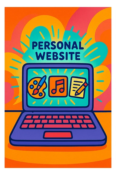 a stylized laptop with a glowing screen displaying icons for art, music, and writing, representing a personal website for creative work, vibrant toon style sticker
