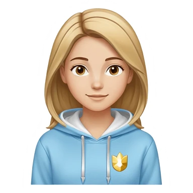 Woman with predominantly brown hair with blonde highlights, straight with side part, serene smile, dreamy eyes, wearing a light blue fantasy-sporty hoodie with golden and white details sticker