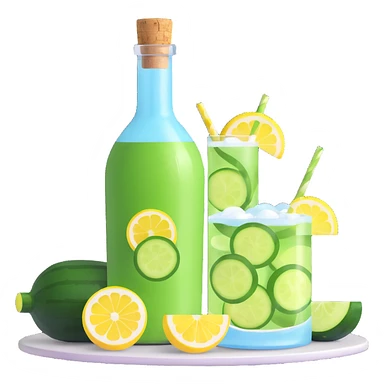 refreshing 3D cocktail in a round bottle with a very small neck and cork, liquid color #6fdef1, inside cucumber slices, lemon slices, and ice cubes, realistic, sparkling, beautiful details sticker