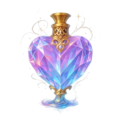 premium class crystal elixir bottle heart-shaped, pastel gradient, lots of glow, facets, ornaments, golden details, magical effects, very small golden neck, transparent background, beautiful merging base, clearly floating in air, no ground or shadow, very luxurious, matching a collection sticker
