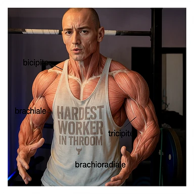 Highlight the muscle fibers of the man's body in the reference photo in a realistic anatomical style, maintaining the original pose and expression. Add labels in Italian for the arm muscles: bicipite, tricipite, brachiale, brachioradiale. sticker
