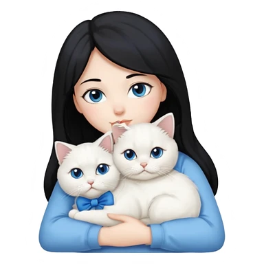 black hair woman snuggling white Persian cat with a blue bow sticker