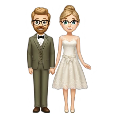 Bride has blue eyes, brown hair in a bun, wears a lace dress. Groom has blue eyes, blond hair, wears gold glasses, wears an olive green suit with a brown vest and a bow tie. sticker