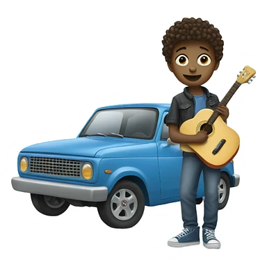 small boy holding a guitar and wearing silly shoes standing on top of a blue car sticker