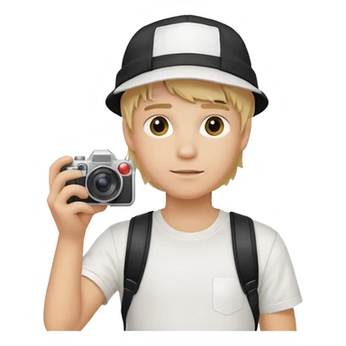 Young male, holding camera, white t-shirt, cap, blond hair sticker