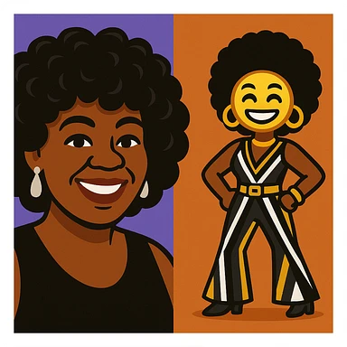 Create another emoji of this lady in a 1970s disco theme, using a color palette of black, silver, gold, and white. Show her with a big smile, hands on hips, in a 70s jumpsuit and matching accessories, in a vibrant toon style. sticker