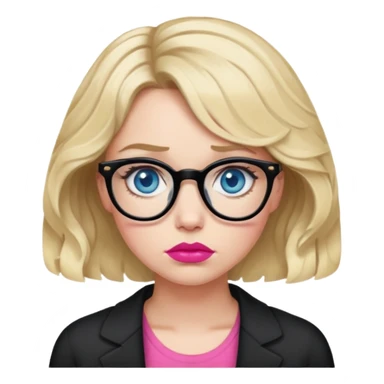 Blonde woman with short wavy hair, blue eyes and pink lips wearing black glasses looking sad sticker