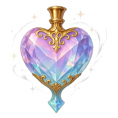 luxurious crystal elixir bottle in heart shape, pastel gradient colors, lots of glowing shine, facets, ornate details, golden accents, magical effects, very small golden neck, transparent background, beautiful merging base, clearly floating in air, no base or shadow, premium class impression, design matching a collection of crystal, luxurious, magical bottles sticker