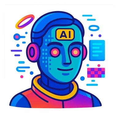 futuristic AI-Ambassador, abstract AI face with digital patterns, floating holographic elements, vibrant colors in vibrant toon style sticker