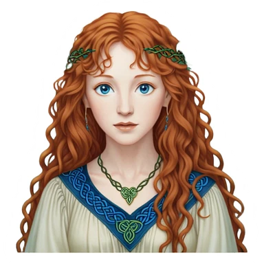 a detailed portrait of loreena mckennitt, focusing on her upper half. she has long, curly auburn hair, fair skin, and piercing blue eyes. wearing a flowing blouse with Celtic-inspired embroidery, soft light highlights her serene and contemplative expression, set against a misty, mystical background. sticker