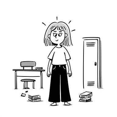 hand drawn doodle style blonde straight-haired girl, frazzled, surrounded by school chaos, survival mode sticker