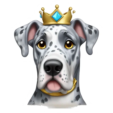 Blue Merle Great dane wearing gold crown sticker