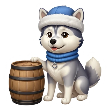 Husky wearing a ice hat holding a barrel sticker